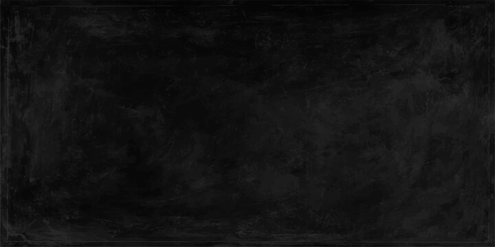 An aged and empty black chalkboard with a dark grunge texture and vintage gray paper pattern provides a blank, dirty concrete surface design for a textured wall backdrop