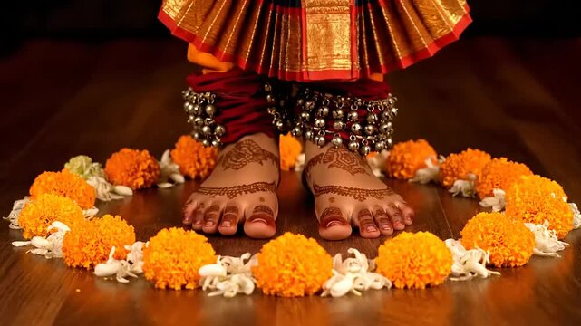 Close-up of a dancer's feet adorned with traditional Indian anklets and henna, surrounded by a ring of marigold flowers on a wooden floor