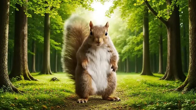 A large, fluffy squirrel stands on its hind legs in a lush, green forest clearing, illuminated by dappled sunlight filtering through the trees