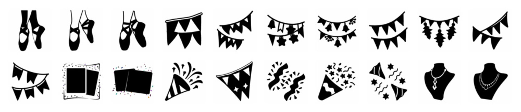 Charming hand-drawn vector icons of ballet slippers, festive bunting flags, and elegant necklaces, suitable for dance, parties, and fashion.