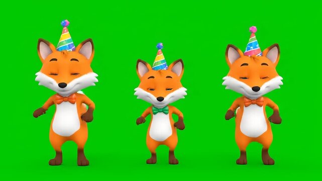 Three cute cartoon foxes wearing party hats and bow ties dancing joyfully against a green screen background, perfect for celebratory animations