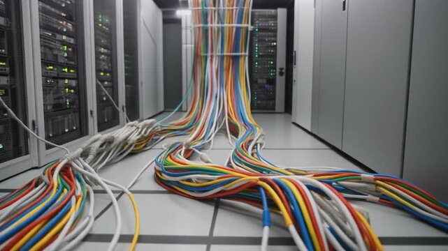 A messy bundle of colorful cables and wires on the floor of a data center or server room with computer equipment in the background, possibly for use in a technology or infrastructure article