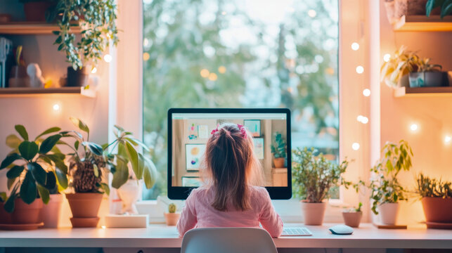 Young girl deeply focused on her computer screen, engaged in creative learning or play, surrounded by lush green houseplants and warm, twinkling fairy lights in cozy, inviting home study nook.