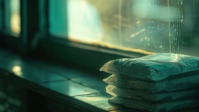 Video A collection of bags stacked on a window sill, possibly storage or moving items