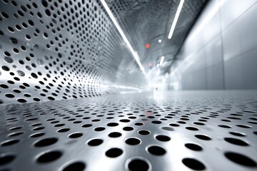 Fototapeta premium Low angle corridor with perforated metal walls/floor, lit by bright ceiling lights. Converging, dominates foreground, blurred background. Cool metallic tones, sharp highlights/deep shado