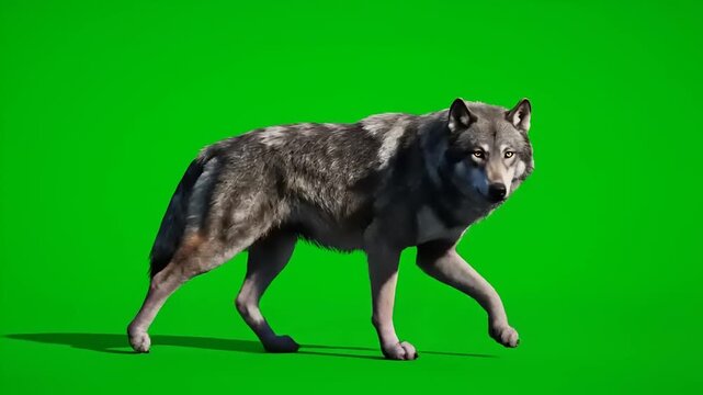 Impressive 3D rendered wolf character walking majestically on a vibrant green screen, perfect for compositing into various nature or fantasy video projects and digital advertising campaigns