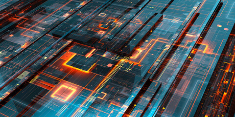 Integrated circuit architecture, abstract digital information multilayer network grid representing data flow, quantum computational systems, virtual infrastructure design. Microprocessor cores, 3D