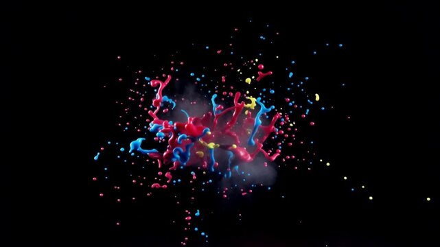 Colorful paint splatter exploding in mid-air against a black background, creating a dynamic abstract art piece