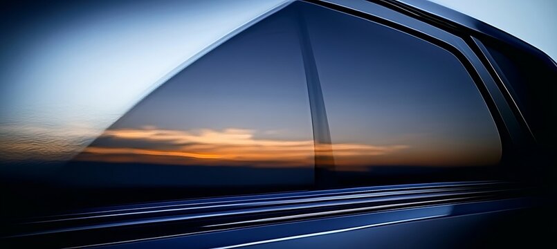 Automobile Window Tinting Film Reflecting Sunset in Car Reflection from a Side Angle View