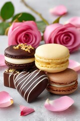Stacked chocolate macarons with cream, heart drizzled in white chocolate, pink rose petals on gray, blurred roses behind.