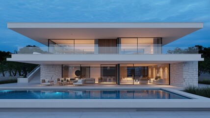 Fototapeta premium A modern two-story house with a pool and outdoor seating area at dusk