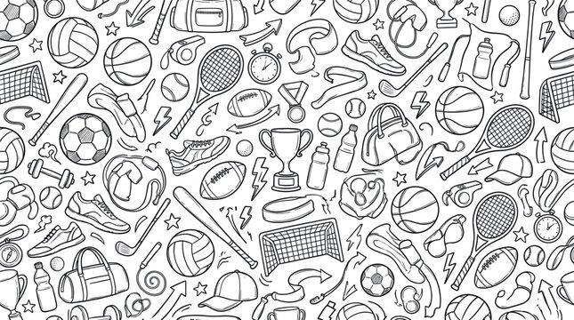 Multi-sport activity and fitness lifestyle concept showcasing a wide variety of popular sports equipment and movement elements for energetic and dynamic visuals. Objects of soccer