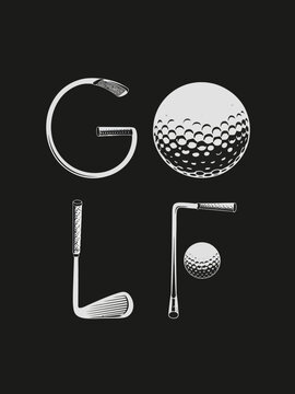 Golf clubs and balls creatively arranged to spell out the word 'golf'.