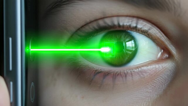 Close-up view of a human eye with a smartphone emitting a green laser beam for biometric scanning, highlighting the technology's accuracy and detail