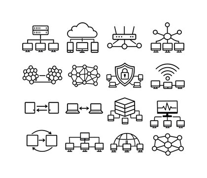 Data connection diagrams set: server connected to computers, cloud connected to devices, router with connected nodes, database connected to clients, two network clusters linked