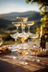 Naklejka premium champagne flows from a tiered coupe tower on wood, sunlit mountains behind, bottle. Warm light glows on fizz and grain. Professional outdoor celebration still life.
