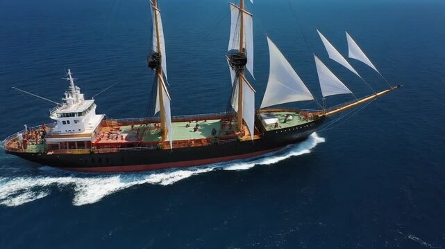 Sailing cargo ship with sails up on open ocean water transportation