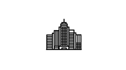 Fototapeta premium Linear architectural icon featuring multiple skyscrapers and buildings, rendered in bold black lines