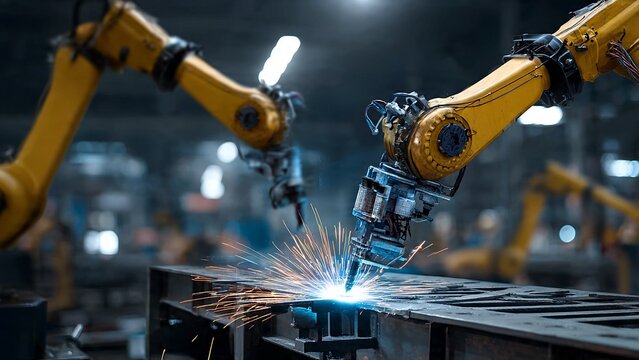Automated robotic arms welding steel parts with bright sparks in modern smart factory for automotive manufacturing and industry 4.0 technology
