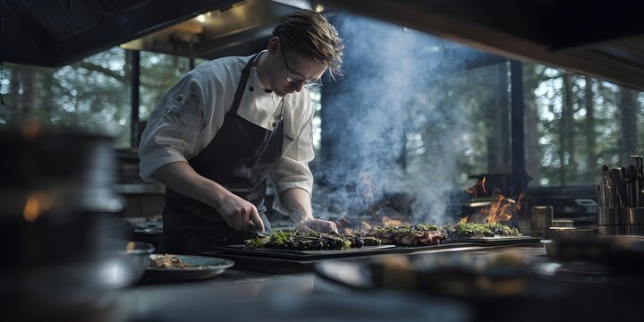 Aurora dance night across Finland where forest dark chef prepare sumptuous Salmiak Karjalanpiirakka leave sens stunned clean professional stock photo sharp macro photography style cinematic realism