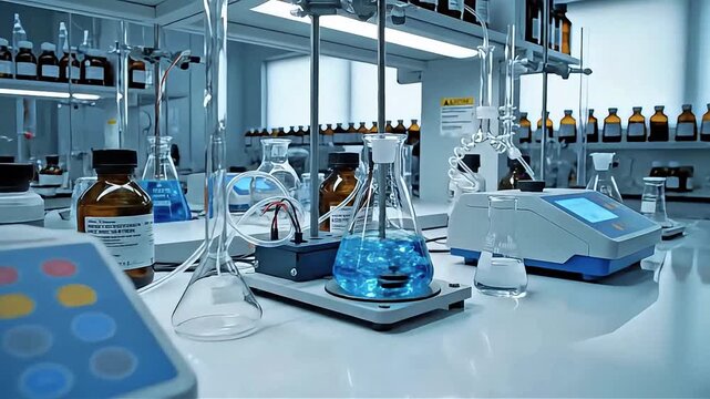 Close-up view of a laboratory with equipment including a flask on a hotplate and a digital screen device, showcasing organized scientific workspace