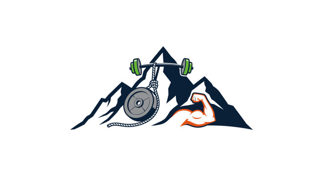 Mountain fitness logo with barbell, rope, and flexing arm for strength training.