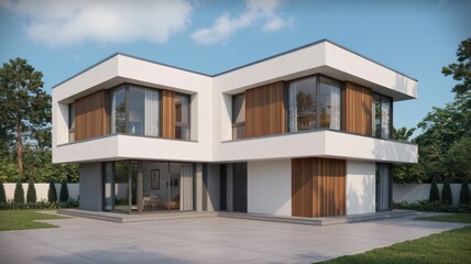 Fototapeta premium A modern two-story house with a sleek white exterior and wooden accents