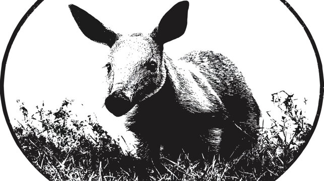 A monochrome illustration of a standing aardvark within an oval frame, in a field of grass
