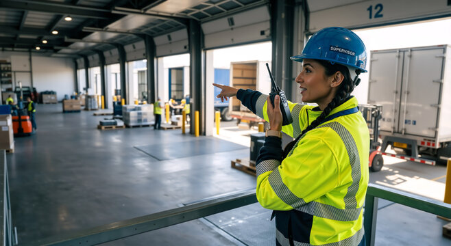 Female warehouse supervisor using walkie-talkie and pointing at loading dock. Logistics manager directing shipping operations in industrial facility