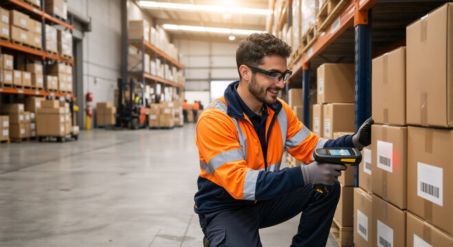 Smiling male warehouse worker scanning a barcode on a cardboard box. Young man in orange safety vest and glasses using a handheld scanner in a distribution center. Inventory management