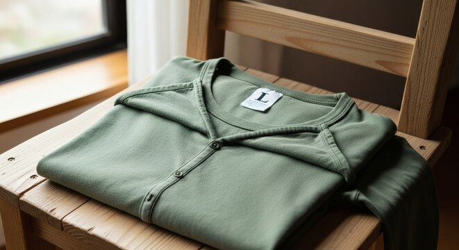 A neatly folded green long-sleeved shirt with a zipper resting on a rustic wooden chair indoors.