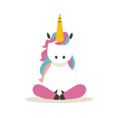 Fototapeta premium Cute cartoon unicorn meditating in lotus pose, peaceful mythical creature with colorful mane and horn, concept of mindfulness, fantasy, and relaxation