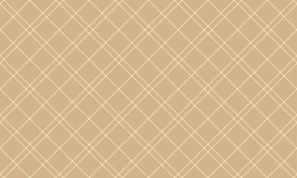 Seamless checkered windowpane plaid pattern in tan and white. Plaid repeating background for summer shirts, dresses, skirts