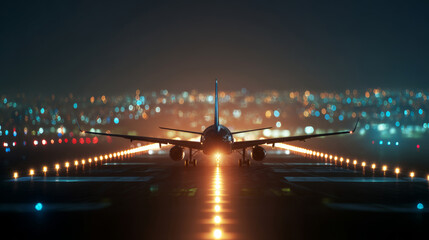 Fototapeta premium Commercial passenger airplane on runway at night, preparing for taking off, city lights in background