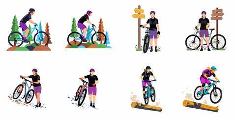 Fototapeta premium Collection of flat illustrations showing women mountain biking in various outdoor scenarios, including trail riding, navigating obstacles, and resting by signposts.