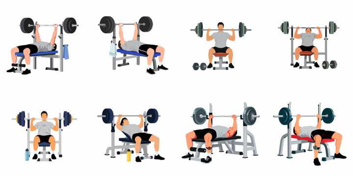 Set of illustrations showing a man performing various barbell bench press and shoulder press exercises for gym workout and fitness training.