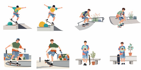 Fototapeta premium Set of flat illustrations featuring a young male skateboarder performing tricks, riding, and posing in various skatepark settings isolated on white.
