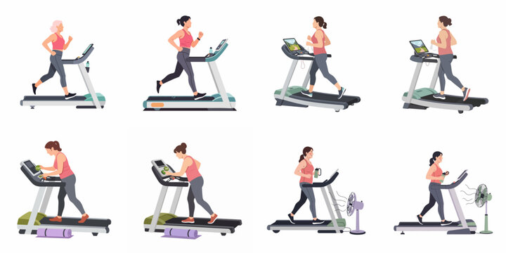 A collection of diverse women running and walking on treadmills for fitness and health, showing different workout stages and equipment accessories.