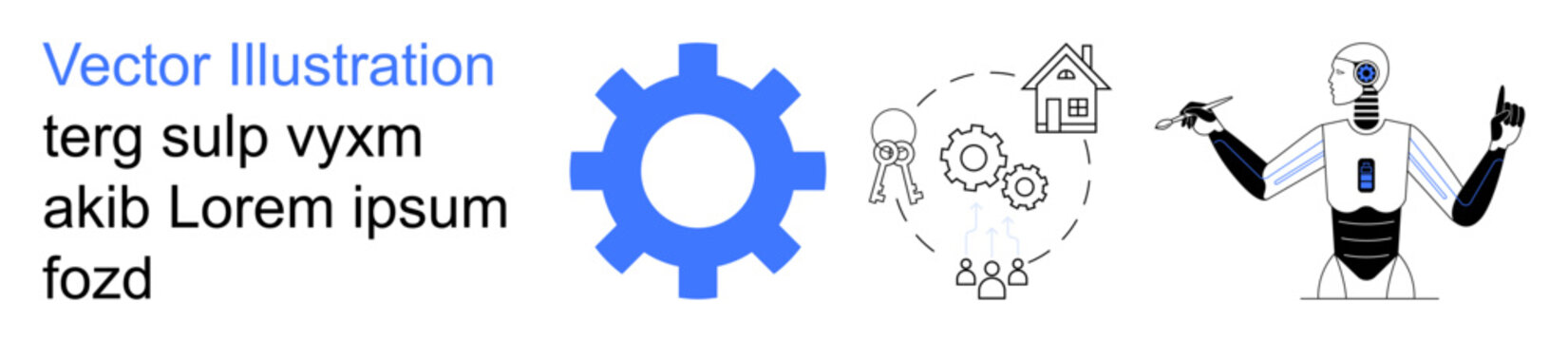 Automation, innovation, digital solutions, robotics, teamwork, connectivity. Central gear icon with interconnected objects and humanoid robot. Automation and innovation demonstrated visually