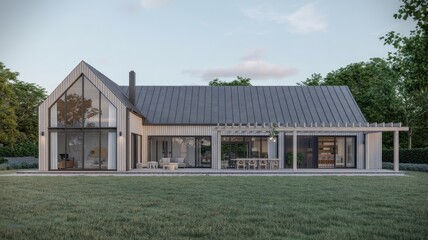 Obraz premium A modern house with a large lawn and patio area in a serene natural setting
