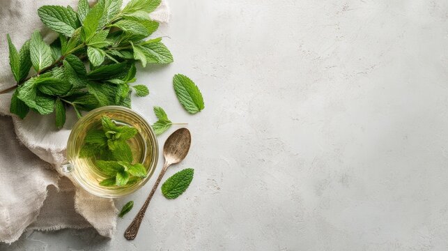 Top Down Flat Lay of Mint Leaves, Herbal Tea Cup, Linen Napkin, and Glass Spoon
