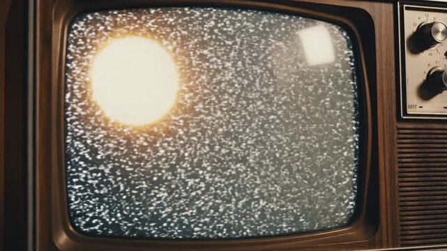 Vintage TV screen with static and sun burst effect in living room