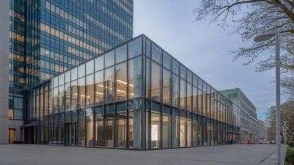 Obraz premium A modern glass office building in a city with a tall skyscraper nearby