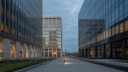 Obraz premium A modern cityscape with sleek glass office buildings at dusk