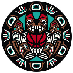 Indigenous Totem Style Basketball Emblem Design, Native American Tribal Art Vector Illustration for Sports Logo and Apparel © MD