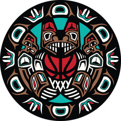 Indigenous Totem Style Basketball Emblem Design, Native American Tribal Art Vector Illustration for Sports Logo and Apparel © MD