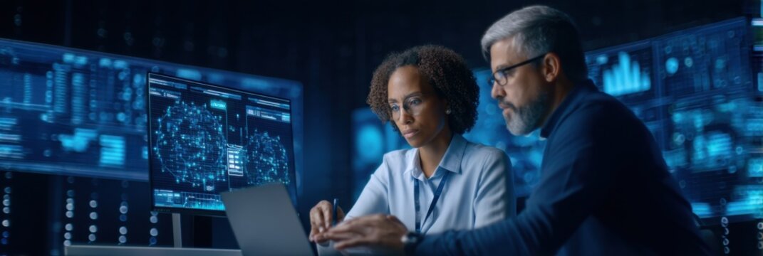 Two professionals analyze complex data visualizations on multiple monitors in a high-tech control room with futuristic blue lighting.