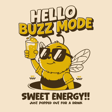 Cartoon bee wearing sunglasses drinking.