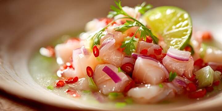Taste bud dance every continent Peruvian ceviches take plate fresh vibrant elegant dish born of sea lime spice clean professional stock photo sharp macro photography style cinematic realism ultra