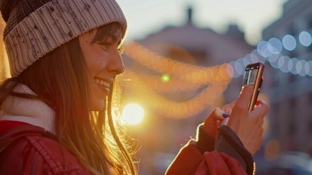 Tracking shot of young woman checking phone while leaning against graffiti wall in urban alley with string lights and sunset backlight